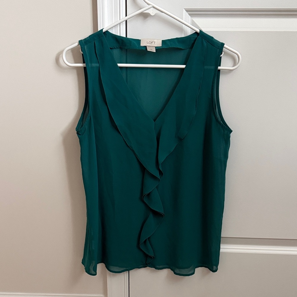 LOFT Teal Ruffled V-Neck Sleeveless Blouse